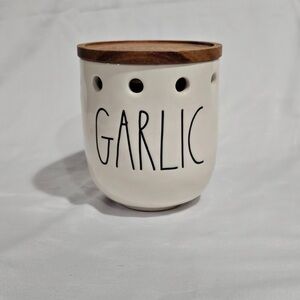 White Rae Dunn Garlic Keeper with Wooden Lid